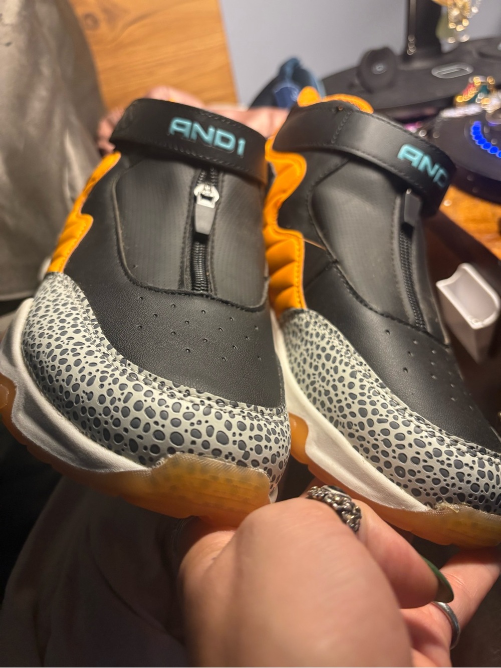 And1 Kids Black and Orange Sneakers with Grey Spot Toe